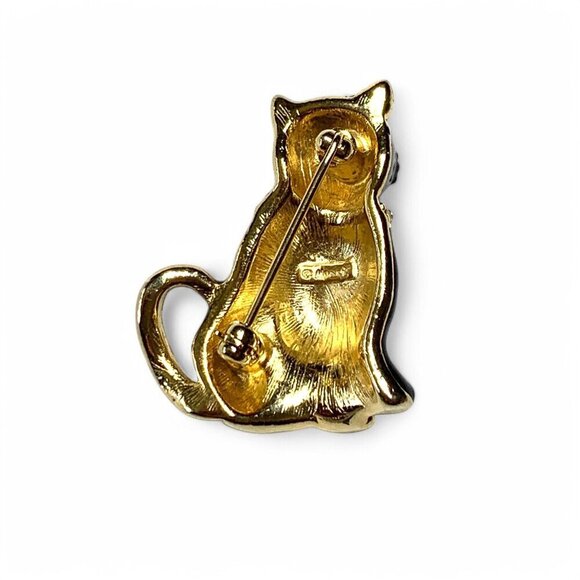 Monet Vintage Signed Black Cat Enamel Brooch With Rhinestone Collar & Green Eyes - Picture 2 of 7